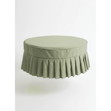 A round, light green upholstered ottoman featuring a pleated skirt base and a flat cushioned top. — 3D model (AI enhanced source)