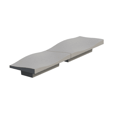 A long, single-person chaise lounge constructed from a gray, textured, stone-like material, likely concrete or a similar composite. The lounge features an undulating, ergonomic surface designed for reclining comfort, and appears to be composed of two distinct sections that fit together to form the complete piece. It has a minimalist, sculptural aesthetic. — 3D model (AI enhanced source)
