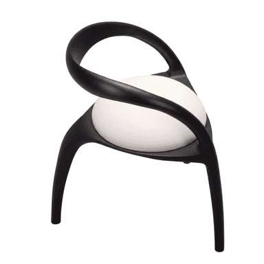 A contemporary armchair featuring a black, sculptural molded frame with integrated armrests and backrest, embracing a round white upholstered seat cushion. The chair has four splayed legs. — 3D model (AI enhanced source)