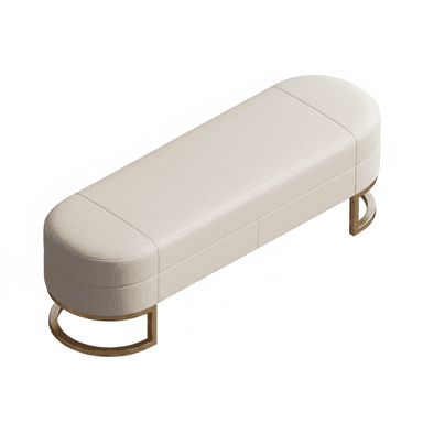 A contemporary upholstered bench featuring an off-white cushioned top with rounded ends and supported by two golden, semi-circular metal bases. — 3D model (AI enhanced source)