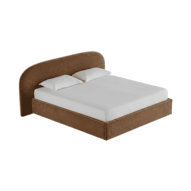 A modern platform bed featuring a continuous upholstered frame and a distinctive curved headboard, presented on a white background with white bedding. — 3D model (AI enhanced source)