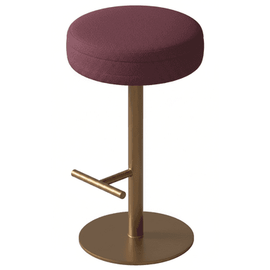 A modern bar stool with a circular upholstered seat and a single central pedestal base. The stool features a footrest positioned around the central column. The seat is upholstered in a textured fabric, and the base and column are finished in a metallic tone. — 3D model (AI enhanced source)
