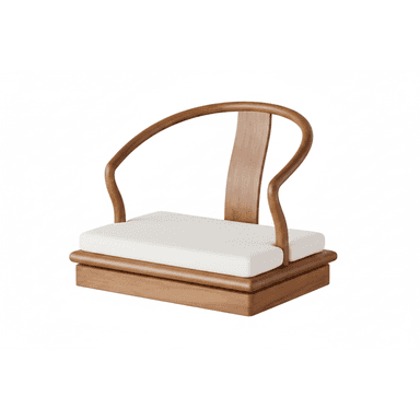 A low-profile wooden floor chair, often referred to as a Zaisu, featuring a distinctive curved backrest that also functions as armrests. The chair is crafted from warm-toned wood and includes a flat, white upholstered cushion for the seat. Its design is minimalist and draws inspiration from traditional Asian floor seating. — 3D model (AI enhanced source)