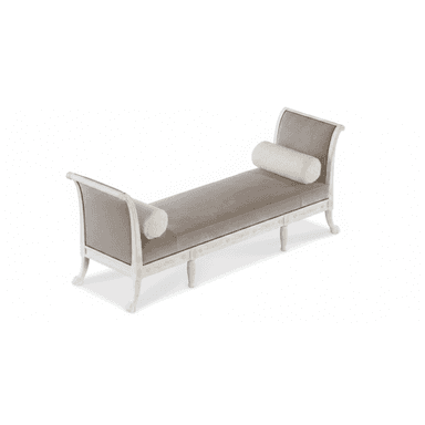 A chaise lounge with a curved backrest and armrests that transition into the back. It features a long upholstered seat and is supported by four ornate legs. Two cylindrical bolster pillows are placed on the seat. The frame is finished in a distressed white paint with decorative carvings. — 3D model (AI enhanced source)