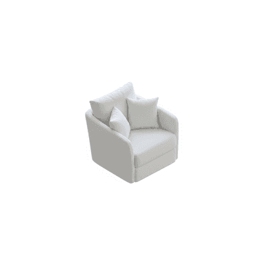A modern, upholstered armchair in a light, neutral color, featuring soft, rounded lines and plush cushioning. The chair includes a loose back cushion and two decorative throw pillows, suggesting a design focused on comfort and contemporary aesthetics. — 3D model (AI enhanced source)