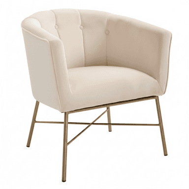 A contemporary cream-colored accent chair featuring a plush velvet upholstery, a rounded tufted barrel back, and sleek golden metal legs with a cross-brace design. — 3D model (AI enhanced source)