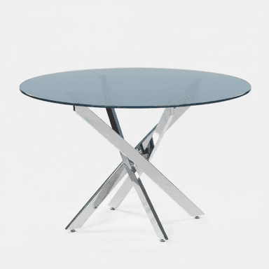A modern round dining table featuring a blue-tinted tempered glass top and a polished chrome metal base with an X-shaped, sculptural design. The table is designed for contemporary spaces, offering a light and open aesthetic. — 3D model (AI enhanced source)