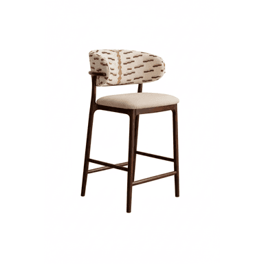A bar stool featuring a dark wood frame with a light-colored upholstered seat and a distinctively patterned upholstered backrest. The backrest is curved and partially wraps around, offering slight arm support. The legs are slender, joined by footrests and cross-bracing for stability. — 3D model (AI enhanced source)