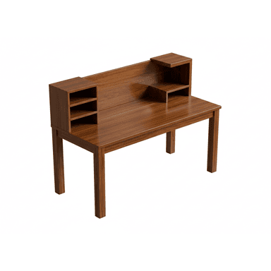 A wooden desk featuring a rectangular top, supported by four straight legs. It includes an integrated hutch with open shelving compartments on the back panel, finished in a medium-to-dark walnut wood tone. — 3D model (AI enhanced source)
