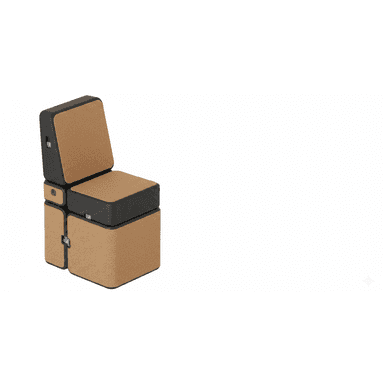 A modular chair composed of cuboid blocks, featuring natural cork panels on its exterior surfaces and dark, possibly fabric-covered padding for the seat and backrest. The design highlights its segmented construction with visible connectors, suggesting reconfigurability. It presents a modern, minimalist aesthetic with a low profile. — 3D model (AI enhanced source)