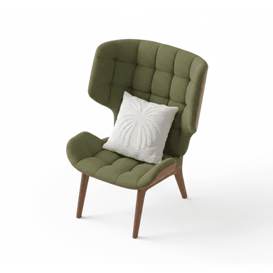 An armchair with a high, winged back and a cushioned seat. The upholstery is a deep olive green with a tufted pattern. The frame and legs are made of dark wood. A white decorative pillow with a raised pattern is placed on the seat. — 3D model (AI enhanced source)