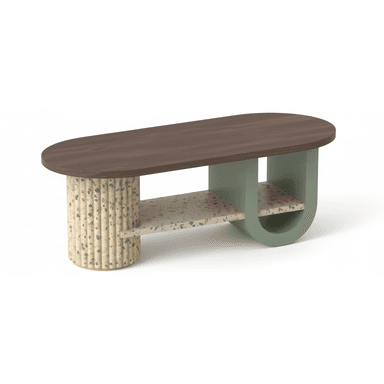 A contemporary coffee table featuring an oval dark wood top, a fluted cylindrical support made of terrazzo, and a sage-green arched support framing a lower terrazzo shelf. — 3D model (AI enhanced source)