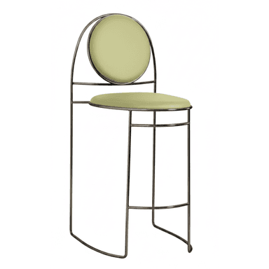 A contemporary bar stool featuring a slender dark metal frame that forms the legs, footrest, and support for the seat and backrest. The seat is a rounded cushion upholstered in light green, and the backrest is a distinct circular cushion, also in light green, fixed within an arched metal support. — 3D model (AI enhanced source)
