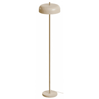 A modern floor lamp featuring a matte beige, mushroom-shaped shade and a matching circular base, connected by a slender brass-finished metal pole. A small brass finial adorns the top of the shade. — 3D model (AI enhanced source)