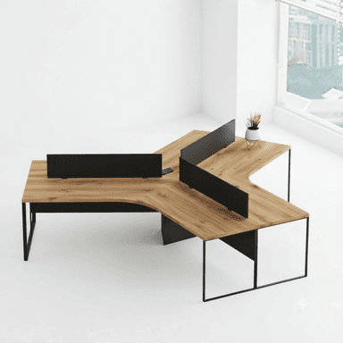 A modern four-person modular office workstation featuring light wood-look laminate tops and a black powder-coated metal framework. The configuration creates individual workspaces with integrated privacy screens. A small potted plant is placed on one of the desks. — 3D model (AI enhanced source)