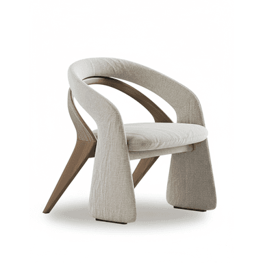 A contemporary armchair featuring a distinctive sculptural design. The seat and back are fully upholstered in a light beige, textured fabric, providing a seamless and comfortable form. The chair is supported by an exposed, curved wooden frame in a warm brown tone, which elegantly transitions into tapered legs at the rear. The front part of the chair forms two wide, upholstered panels that extend to the floor, creating a unique and stable base. — 3D model (AI enhanced source)