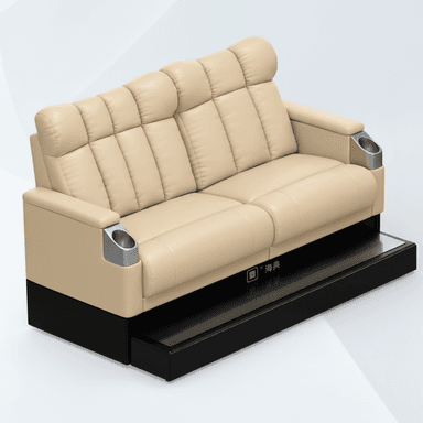 A two-seater home cinema reclining sofa upholstered in light beige (or cream) leather or faux leather, featuring generously padded, segmented backrests and seats. It includes integrated brushed metal cupholders on both armrests and rests on a dark, possibly black, plinth-style base with a glossy dark footrest or platform extending forward. — 3D model (AI enhanced source)