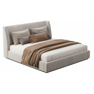 A modern upholstered platform bed featuring a tall, wingback-style headboard with vertical fluted stitching. The entire bed frame and headboard are covered in a soft, light beige fabric. The bed includes a mattress and decorative pillows with a throw blanket. — 3D model (AI enhanced source)