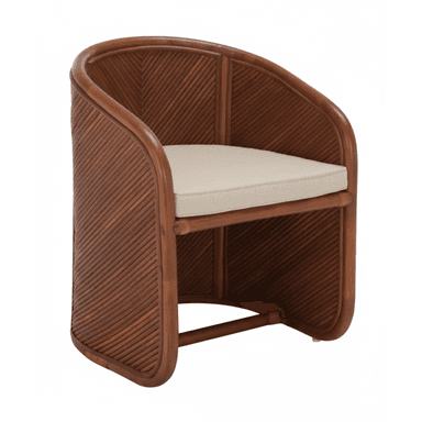A barrel-shaped armchair constructed from rattan, featuring a curved back and armrests. The side panels and back are composed of tightly spaced, angled rattan reeds, creating a visually textured surface. A light-colored upholstered cushion sits on the seat. The frame is a polished, dark brown rattan, with a reinforcing horizontal support beneath the seat. — 3D model (AI enhanced source)