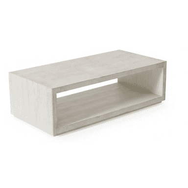 A rectangular coffee table featuring a distinctive textured finish and an integrated open shelf. The table's design is minimalist, forming a clean, box-like silhouette with a recessed base. The light-colored surface exhibits fine vertical striations, lending a tactile quality to its modern aesthetic. — 3D model (AI enhanced source)