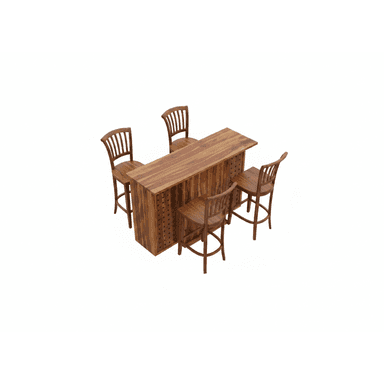 A rustic solid wood home bar set consisting of a rectangular bar counter with an integrated footrest and four matching wooden bar stools with slatted backs and curved seats. The set is made from natural, light-to-medium tone wood. — 3D model (AI enhanced source)