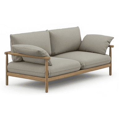 A contemporary two-seater loveseat featuring a robust, exposed wooden frame and plush, light grey fabric upholstery. The design incorporates clean lines and an open structure, with individual back and seat cushions providing comfort. The armrests are integrated into the rounded wooden frame, presenting a minimalist yet inviting aesthetic. — 3D model (AI enhanced source)