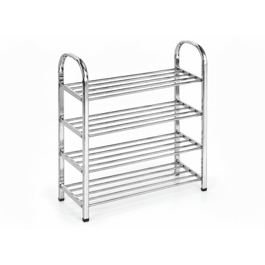 A modern, four-tier shoe rack constructed from chrome-plated metal, designed for organizing footwear in entryways, closets, or mudrooms. It features slatted shelves and integrated handles. — 3D model (AI enhanced source)
