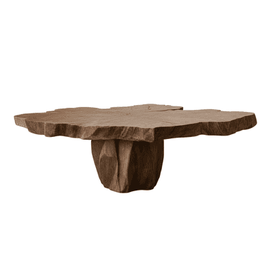 A low-profile coffee table featuring a thick, organic live-edge wood slab tabletop supported by a sculptural, carved wooden base. The table exhibits natural imperfections, cracks, and rich wood grain, contributing to its rustic and organic aesthetic. The dark brown wood has a matte finish. — 3D model (AI enhanced source)