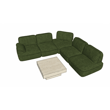 A contemporary modular sectional sofa upholstered in a dark green corduroy fabric, presented in an L-shaped configuration. The sofa consists of multiple individual units with plush, rounded cushions and piped seams, providing a comfortable and versatile seating solution. Accompanying the sectional is a square, two-tiered coffee table made from light-colored travertine stone, positioned in the corner of the sectional. — 3D model (AI enhanced source)