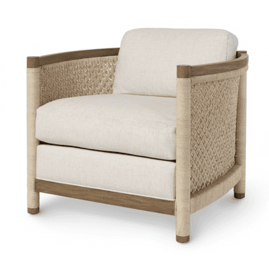 An upholstered armchair featuring a blend of natural materials. The chair has a sturdy wooden frame, likely oak or similar light-toned wood, visible on the base and as a top rail for the arms and back. The side panels and back are intricately covered with a tightly woven, natural jute or rope material, creating a textured, almost basket-like appearance. It is fitted with thick, comfortable cushions for the seat and back, upholstered in a light, off-white or cream-colored fabric, suggesting a linen or textured blend. The overall aesthetic is relaxed yet refined, suitable for various contemporary or coastal interior designs. — 3D model (AI enhanced source)