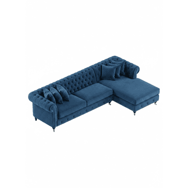 A luxurious blue velvet Chesterfield-style sectional sofa with a right-hand facing chaise lounge. It features deep button tufting across the backrest and inner arms, classic rolled arms, and antique brass nailhead trim along the base and arm fronts. The sofa stands on dark wood bun feet with brass caster caps, contributing to its elegant and traditional aesthetic. — 3D model (AI enhanced source)