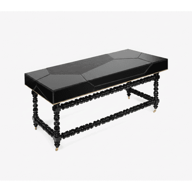A rectangular accent table featuring an eclectic design with a high-gloss black lacquered top composed of geometric facets and a central matte panel. The table is supported by four ornate, turned wooden legs with bobbin-like patterns, also finished in high-gloss black. Subtle gold-finished accents are present at the junctures of the legs and tabletop, and at the feet. — 3D model (AI enhanced source)