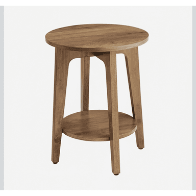 A round wooden side table featuring a natural wood grain finish, three splayed legs, and an additional circular lower shelf. The table's design is minimalist and functional. — 3D model (AI enhanced source)