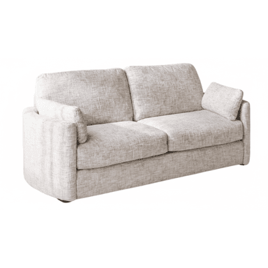 An upholstered two-seater sofa, or loveseat, covered in a light grey, textured woven fabric. It features two loose back cushions, two loose seat cushions, and integrated rounded track arms. A small cylindrical accent pillow rests on one side. The sofa is supported by a recessed plinth base. — 3D model (AI enhanced source)