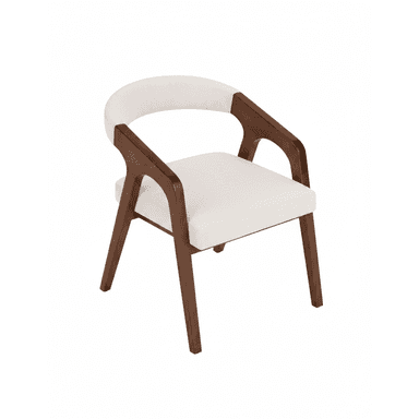 A contemporary dining armchair featuring a solid wood frame with a dark brown finish, a curved upholstered backrest, and an upholstered seat. The chair has integrated wooden armrests that flow from the back, and four splayed, tapered wooden legs. — 3D model (AI enhanced source)