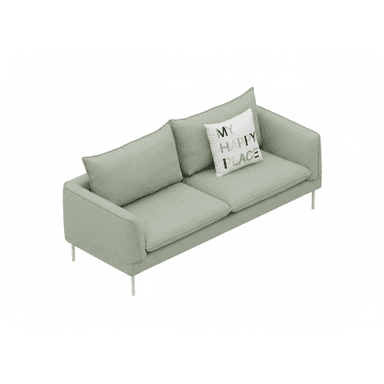 A modern two-seater sofa upholstered in a light green fabric, featuring clean lines, low track arms, and slender light-colored metal legs. It includes two back cushions, two seat cushions, and one decorative throw pillow with text. — 3D model (AI enhanced source)