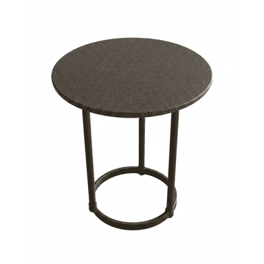 A small, round accent table featuring a dark, granular-textured top and a minimalist metal base with three slender legs connected by a circular stretcher. — 3D model (AI enhanced source)