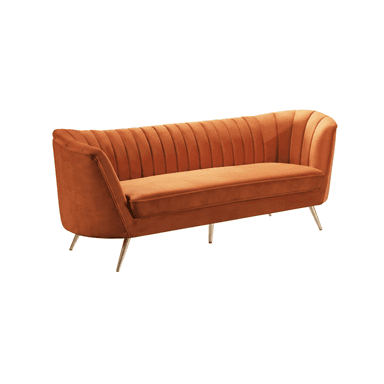 A contemporary three-seater sofa upholstered in a rich burnt orange velvet, featuring distinctive vertical channel tufting on the curved backrest and arms, supported by slender, tapered golden metal legs. — 3D model (AI enhanced source)