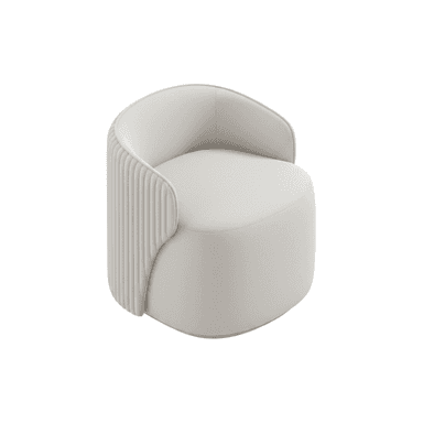 A modern, barrel-shaped accent chair upholstered in a light gray fabric. The chair features a distinctive fluted or ribbed exterior on its rounded backrest, which seamlessly transitions into integrated armrests. The seat cushion is well-padded and the chair sits on a low, fully upholstered base, giving it a monolithic and sculptural appearance. Its rounded silhouette contributes to a soft, inviting aesthetic. — 3D model (AI enhanced source)
