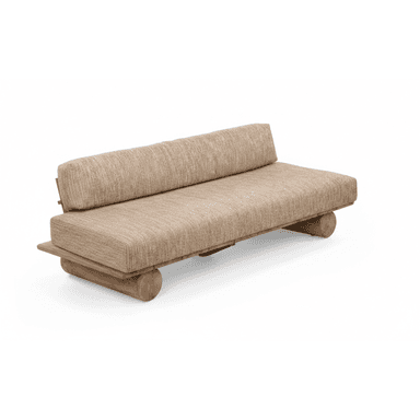 An armless daybed featuring a natural wood plank platform and cylindrical log feet, topped with thick, textured beige fabric cushions. — 3D model (AI enhanced source)