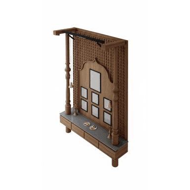 A traditional Indian pooja unit crafted from medium-toned wood, featuring an intricate lattice-patterned back panel and a prominent central arch. The unit includes two heavily carved pillars that support an overhead structure. Below the display area, there is a grey stone countertop with several integrated drawers, resting on short, stout wooden legs. Decorative elements such as small bells and miniature framed images adorn the back panel. — 3D model (AI enhanced source)