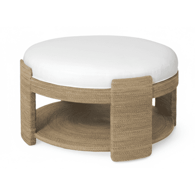 A circular ottoman featuring a natural woven jute rope base and an integrated circular lower shelf, topped with a plain white upholstered cushion. The base is crafted with vertical supports that extend above the cushion line, giving it a distinct profile. — 3D model (AI enhanced source)