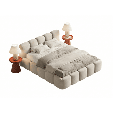 A contemporary platform bed features a plush, segmented design across its headboard and base, creating a soft, inviting aesthetic. The entire frame is upholstered in a light beige fabric, with individual padded sections forming a distinctive visual pattern. The headboard consists of several vertical, rounded panels, providing a comfortable backrest. The low-profile base also showcases similar segmented cushioning around its perimeter. The bed is adorned with white and gray bedding, including throw pillows and a duvet, and is flanked by two small, terracotta-colored side tables, each holding a table lamp with a pleated shade. — 3D model (AI enhanced source)
