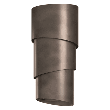 A contemporary wall sconce featuring a layered, cylindrical design crafted from metal with a dark, possibly bronze or aged finish. The overlapping curved panels create a sculptural form, likely designed to emit indirect light. — 3D model (AI enhanced source)