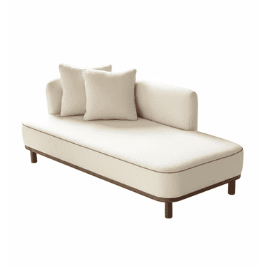 A contemporary cream-colored upholstered chaise lounge featuring a single raised armrest/backrest on the right side (when seated), a contrasting brown piping detail, and a dark wood base with short cylindrical legs. It includes two matching loose throw pillows. — 3D model (AI enhanced source)