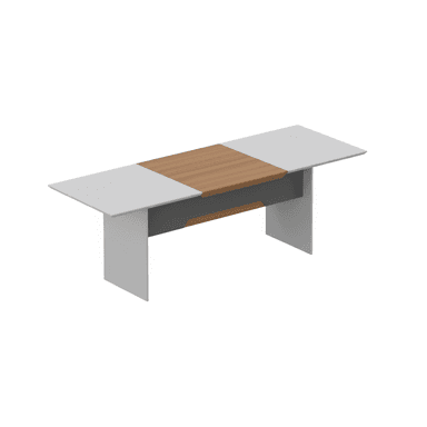 A modern, rectangular table featuring a central wooden top and white end sections, supported by solid panel legs and incorporating a dark gray modesty panel. — 3D model (AI enhanced source)