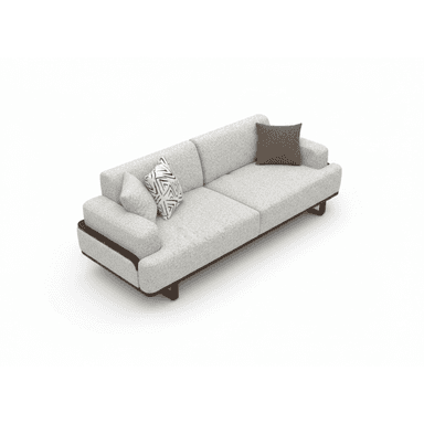 A contemporary two-seater sofa featuring light grey textured fabric upholstery and a visible dark wood frame. The sofa has a low-profile design with integrated backrests and armrests. It includes two back cushions and two decorative throw pillows, one solid brown and one with a black and white geometric pattern. The sturdy wooden base extends along the bottom and curves upwards to support the armrests. — 3D model (AI enhanced source)