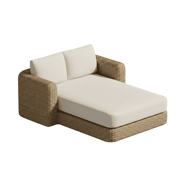 A modern outdoor chaise lounge featuring a woven synthetic rattan frame with a single integrated armrest and off-white upholstered cushions. — 3D model (AI enhanced source)