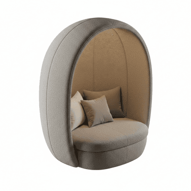 A rounded, semi-enclosed lounge chair with an integrated canopy structure. The chair features a circular seat and backrest, upholstered in a textured fabric. Two decorative cushions are placed on the seat. The interior of the canopy is lined with a lighter, softer textured fabric, creating an intimate seating space. The overall form is organic and cocoon-like. — 3D model (AI enhanced source)