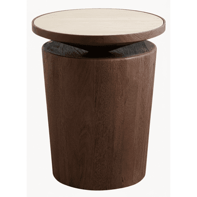 A contemporary side table featuring a cylindrical dark wood base with a lighter, circular wooden top that appears slightly offset from the center of the base. The base shows prominent vertical wood grain. — 3D model (AI enhanced source)
